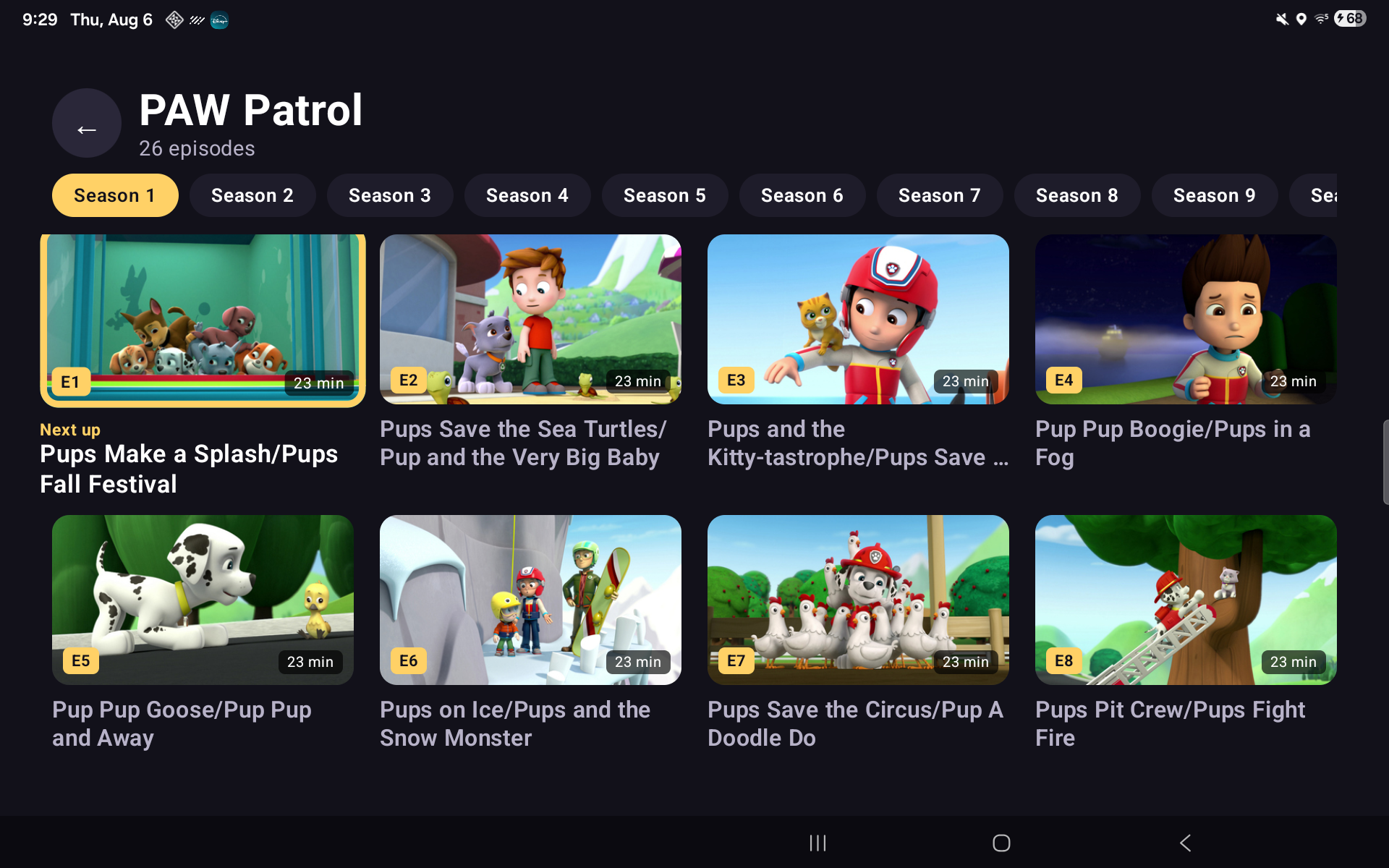 The episode picker: PAW Patrol seasons and episodes as tappable cards
