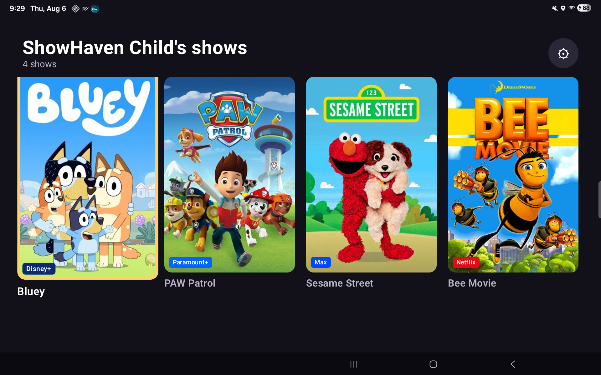 A child's ShowHaven grid: only the approved shows, as large tappable artwork