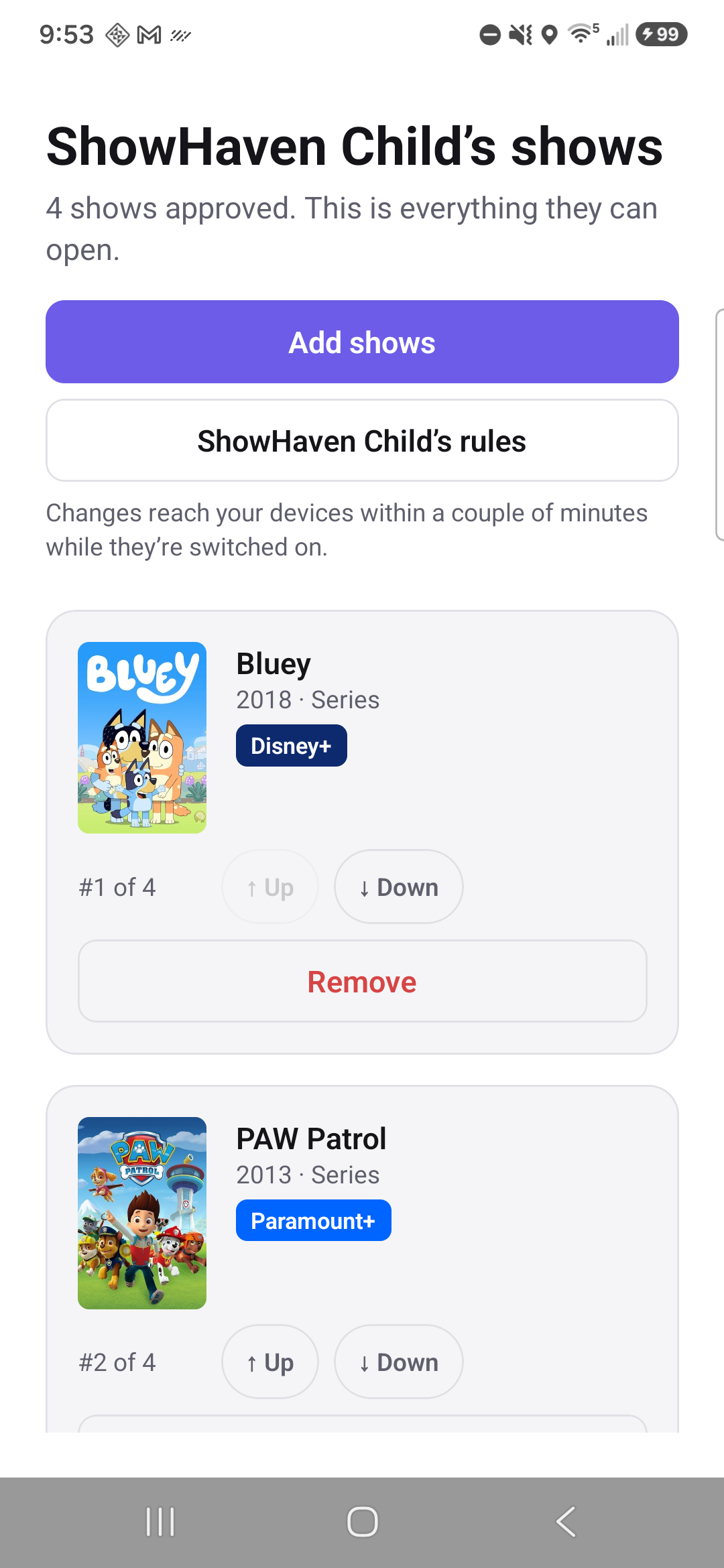 The parent app: a child's approved show list with one-tap reordering